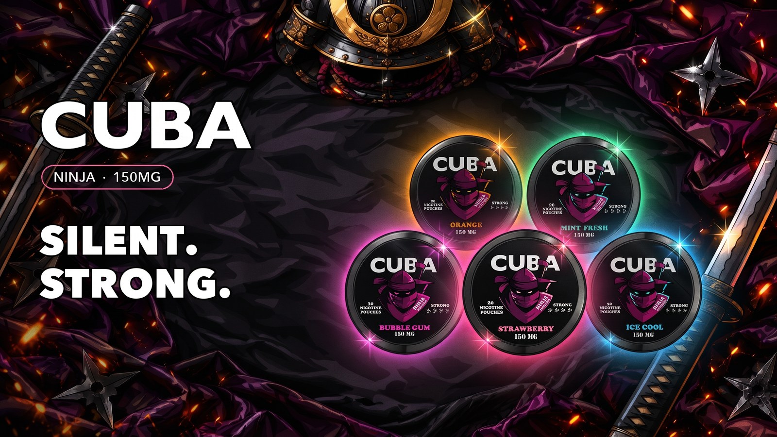 Five Cuba Ninja 150mg cans in Orange, Mint Fresh, Bubble Gum, Strawberry and Ice Cool on dark silk, in our Germany range